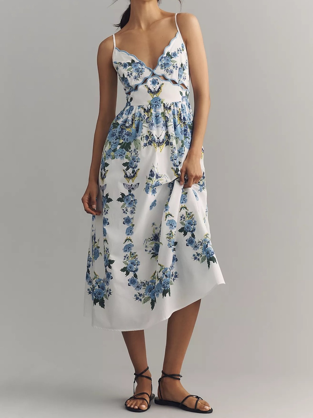 By Anthropologie Cotton Scalloped Midi Dress in Blue Floral NWT Petite